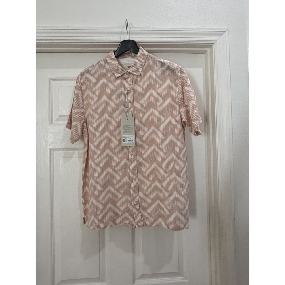 Folk Linen Blend Chevron Camp Shirt Pink White Short Sleeve Button-Up Men S NWT